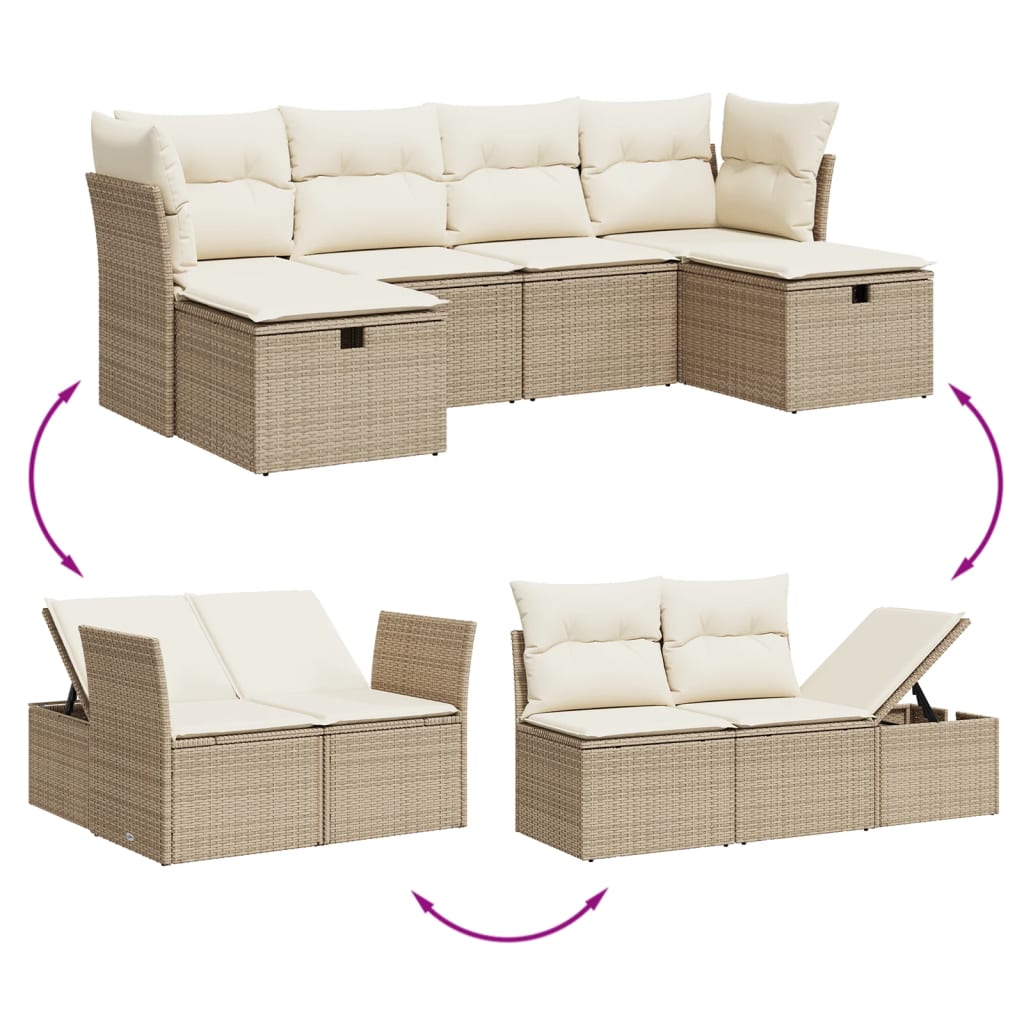 6 Pcs conjunto de sofás p/ jardim com almofadões vime PE bege