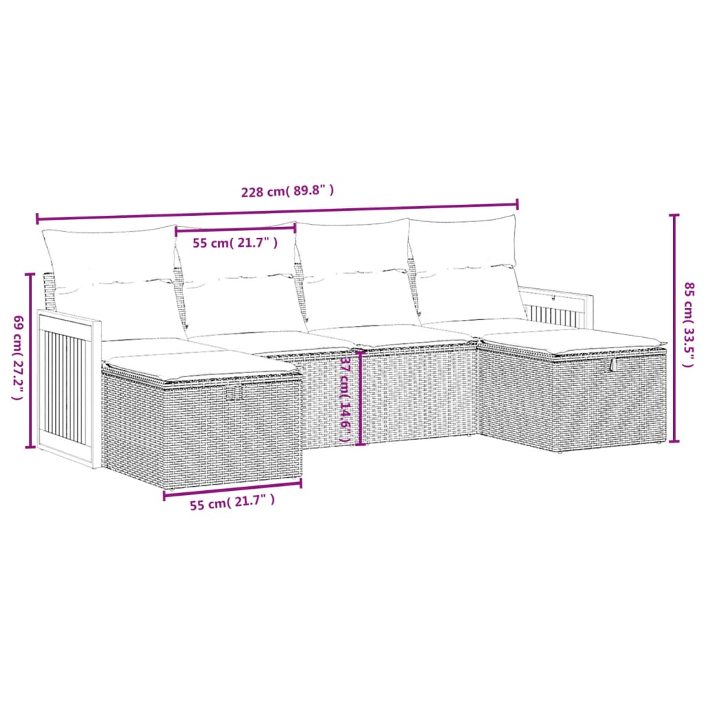 6 Pcs conjunto de sofás p/ jardim com almofadões vime PE bege
