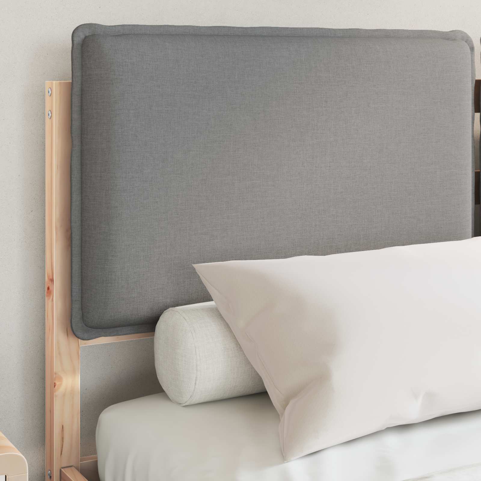 Estrutura de cama com cabeceira estofada cinzento-claro