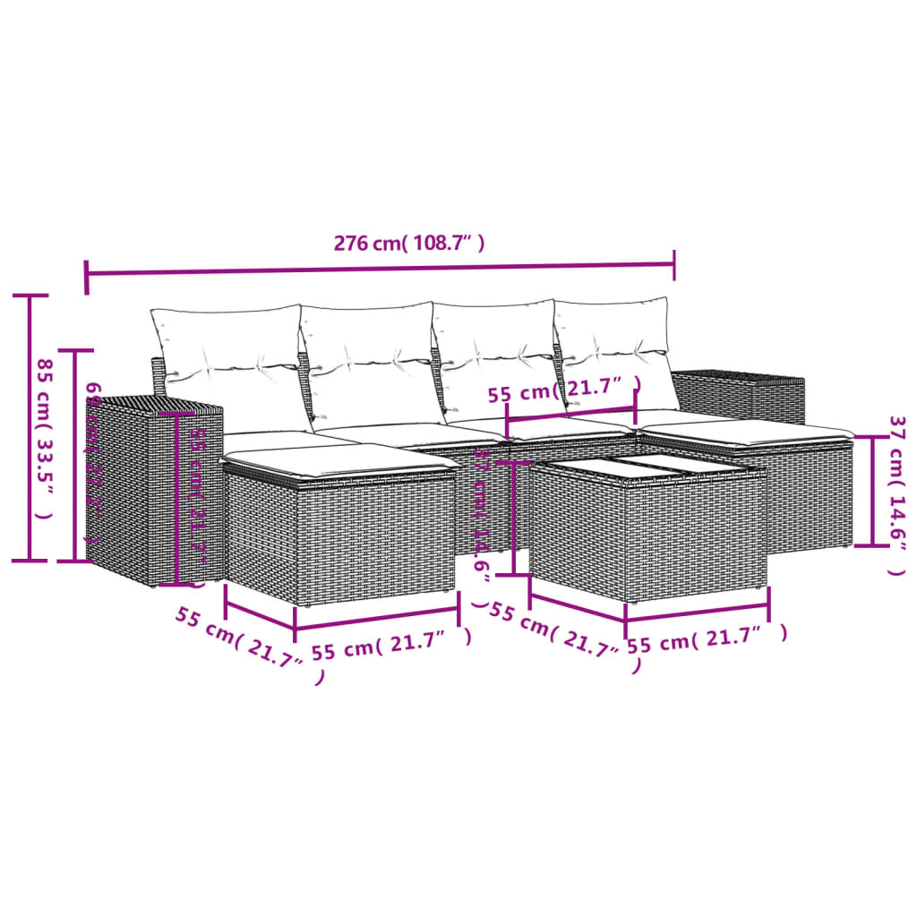 7 Pcs conjunto de sofás jardim c/ almofadões vime PE castanho