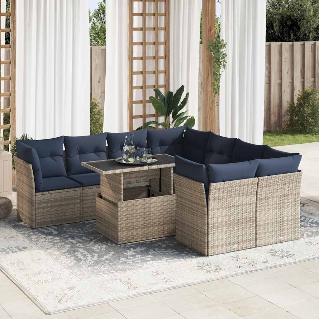 9 Pcs conjunto sofás jardim almofadões vime PE/acácia cinzento