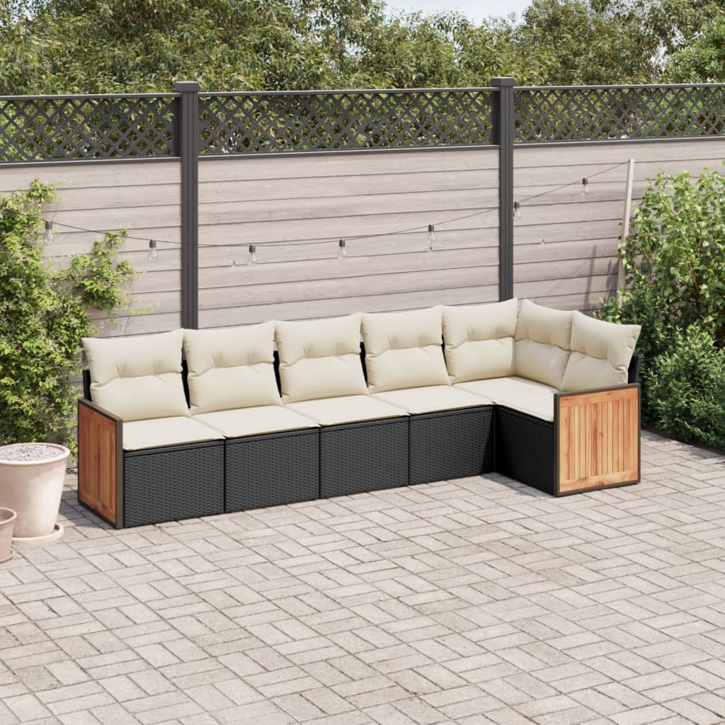 6 Pcs conjunto sofás de jardim c/ almofadões vime PE preto
