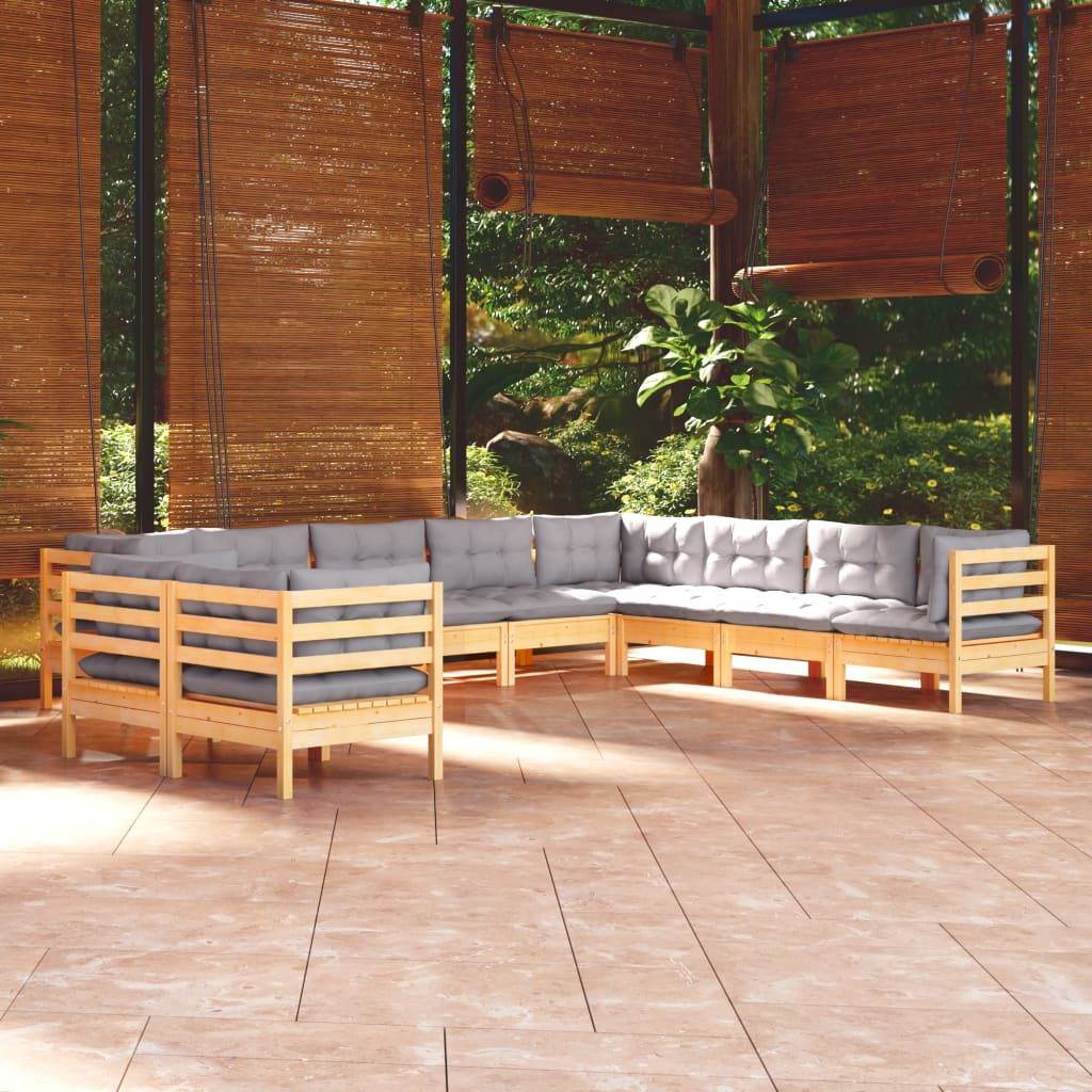10Pcs conjunto lounge de jardim + almofadões cinza pinho maciço
