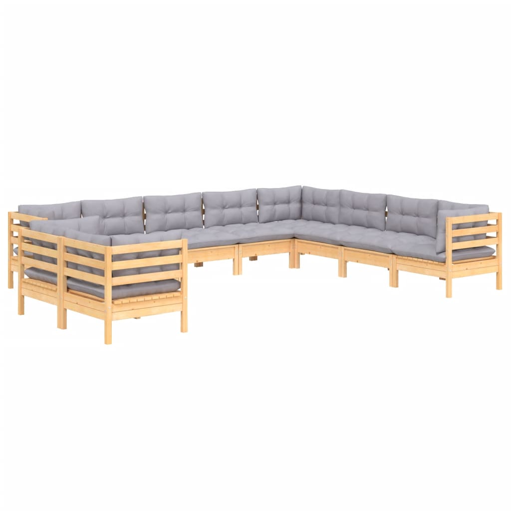 10Pcs conjunto lounge de jardim + almofadões cinza pinho maciço