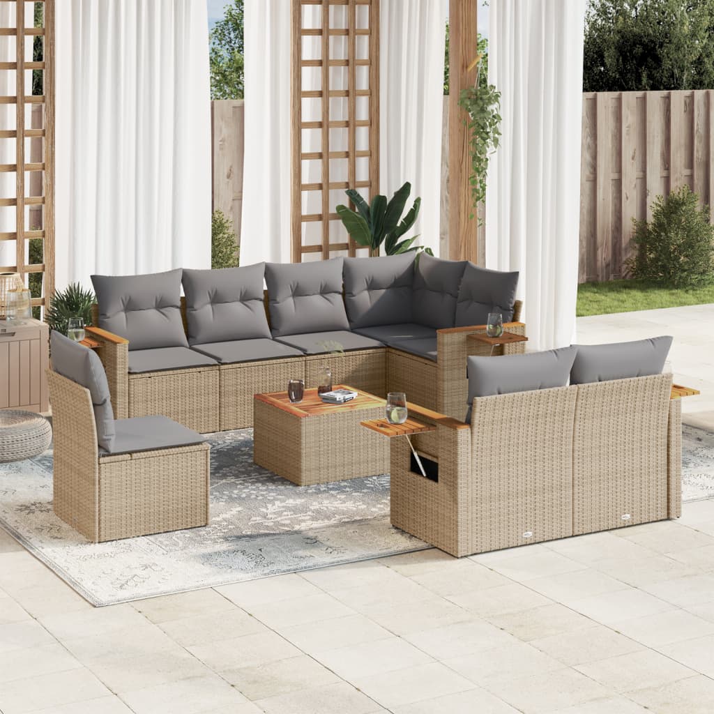 9 Pcs conjunto de sofás p/ jardim com almofadões vime PE bege