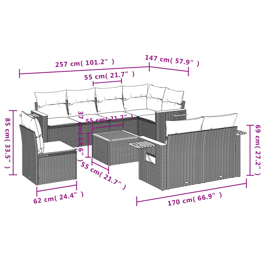 9 Pcs conjunto de sofás p/ jardim com almofadões vime PE bege