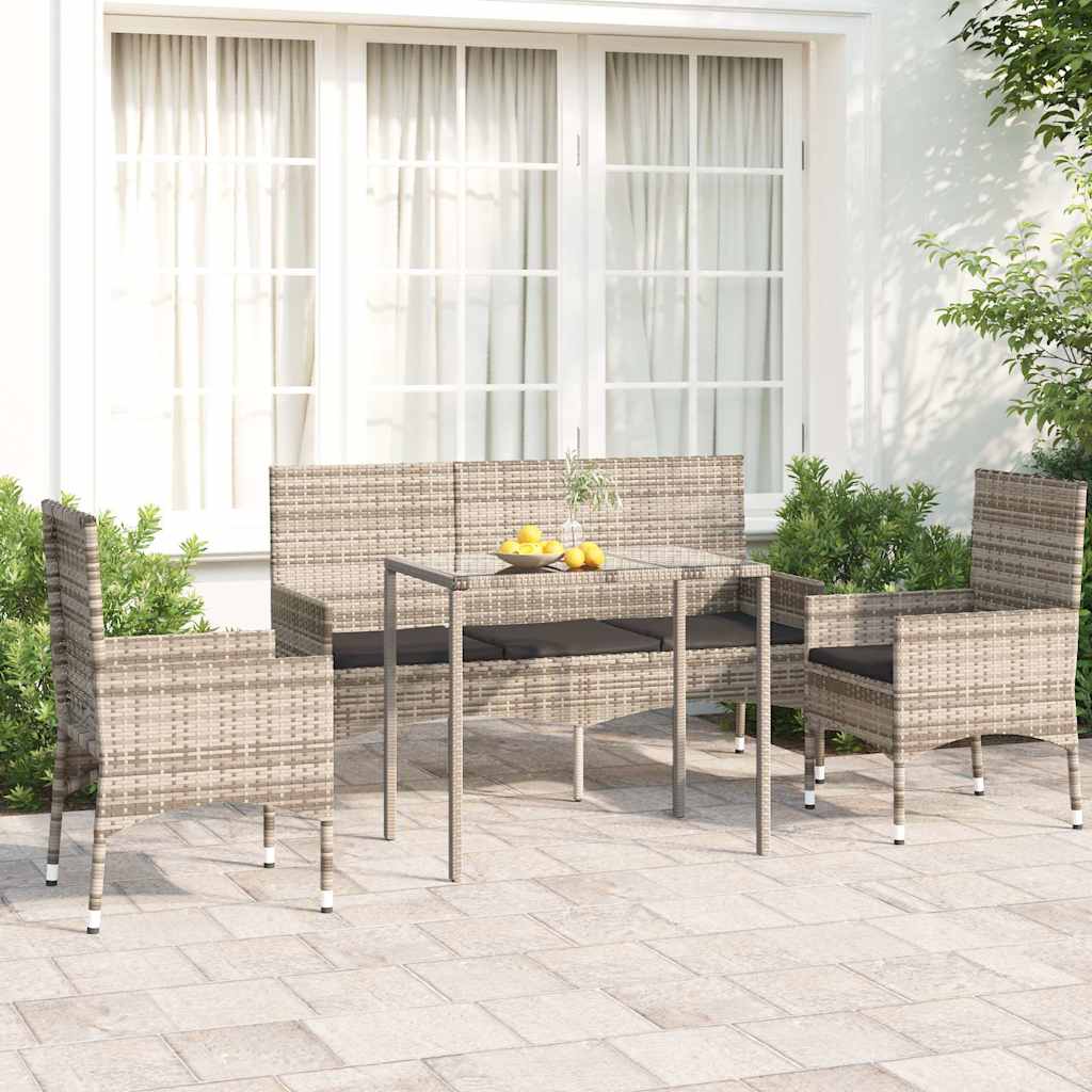 4 Pcs conjunto lounge de jardim c/ almofadões vime PE cinzento