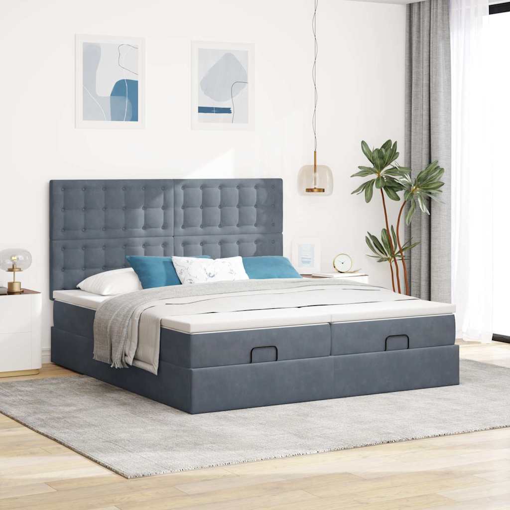 Moldura de cama otomana com colchão cinza escuro veludo
