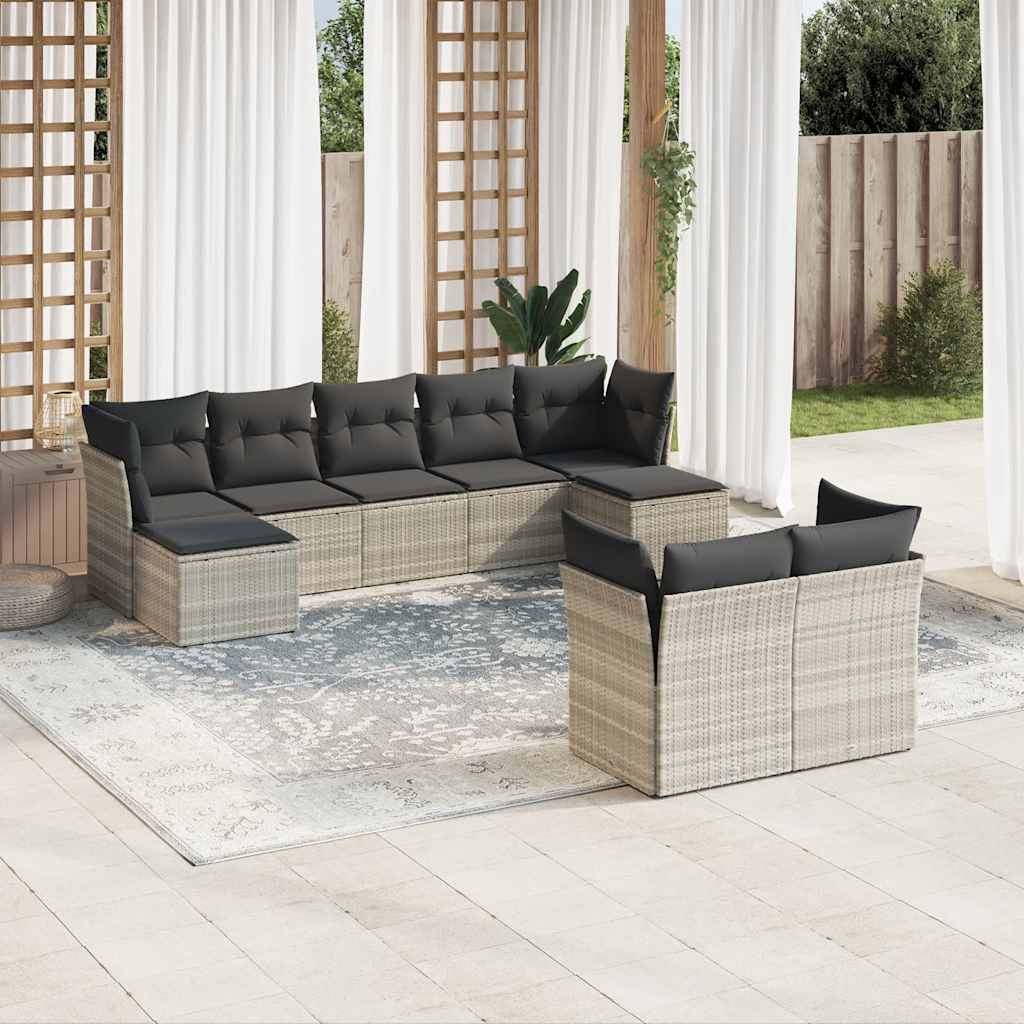 9 Pcs conj. sofás jardim com almofadões vime PE cinzento-claro
