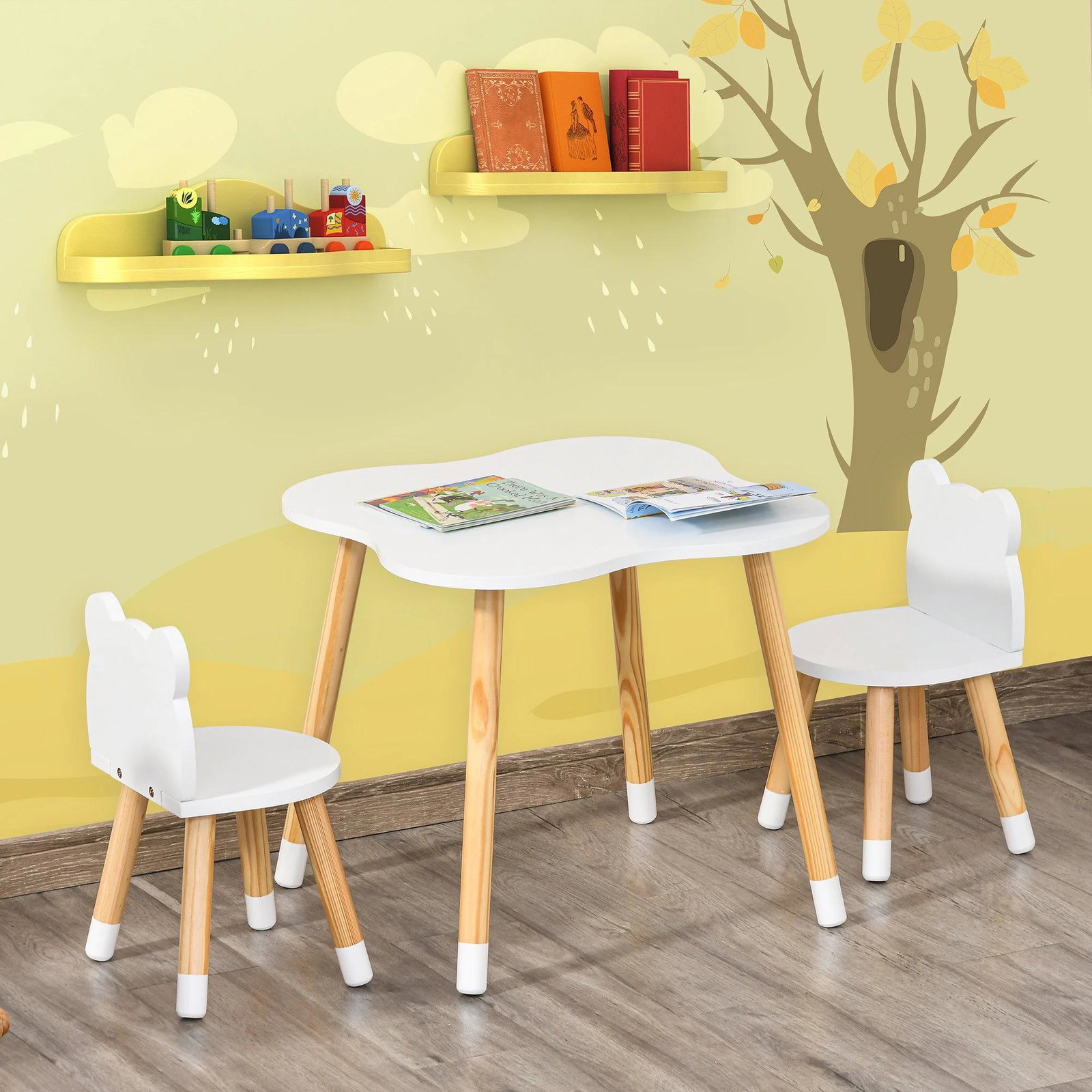 Conjunto infantil de mesa e 2 cadeiras de madeira móveis infantil para sala de jogos dormitório de crianças mesa 56x56x50cm e cadeira 28x25x46cm branco