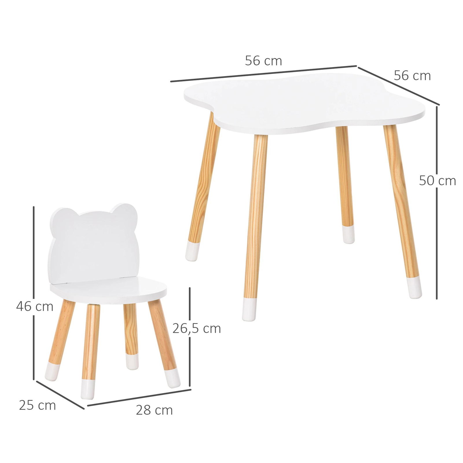 Conjunto infantil de mesa e 2 cadeiras de madeira móveis infantil para sala de jogos dormitório de crianças mesa 56x56x50cm e cadeira 28x25x46cm branco