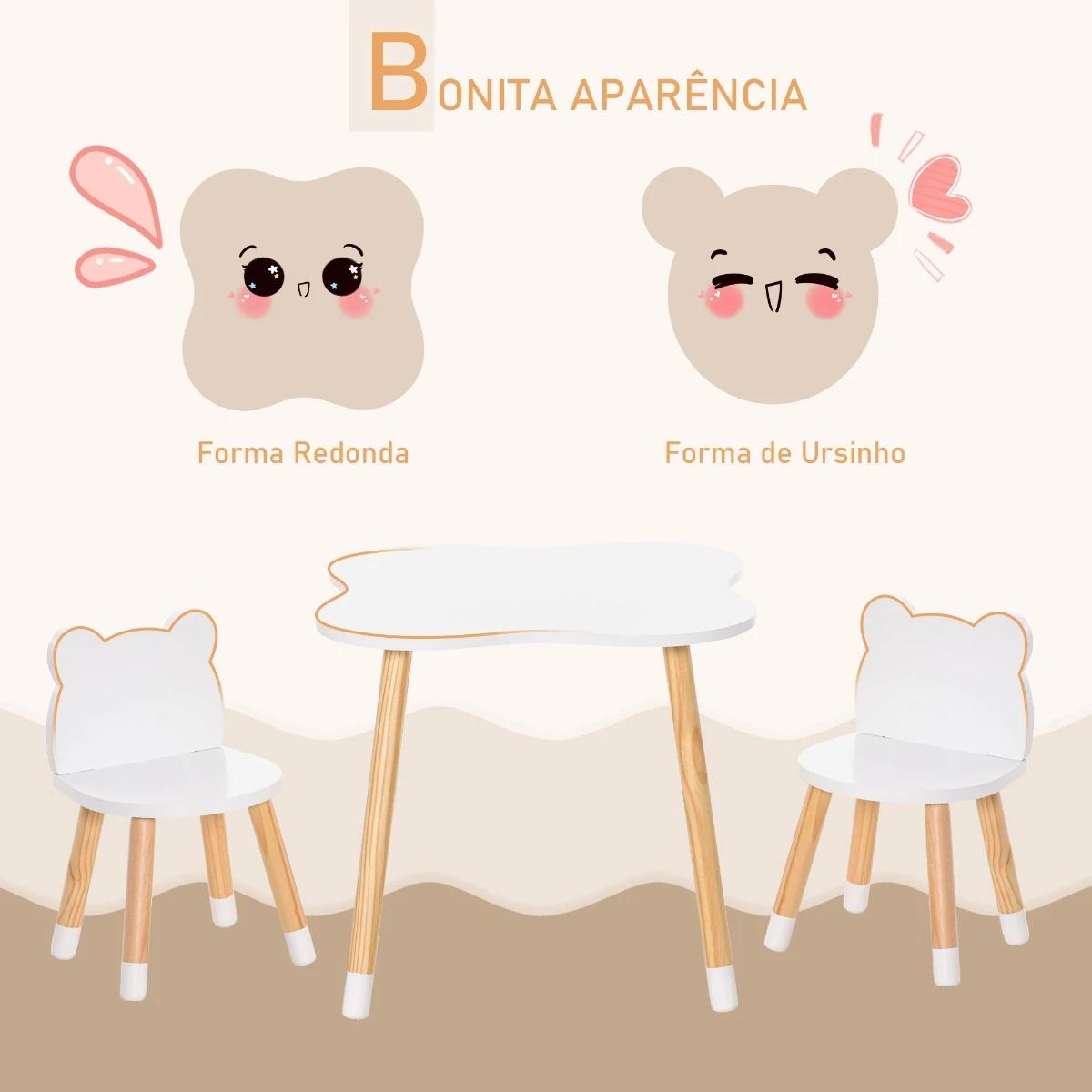 Conjunto infantil de mesa e 2 cadeiras de madeira móveis infantil para sala de jogos dormitório de crianças mesa 56x56x50cm e cadeira 28x25x46cm branco