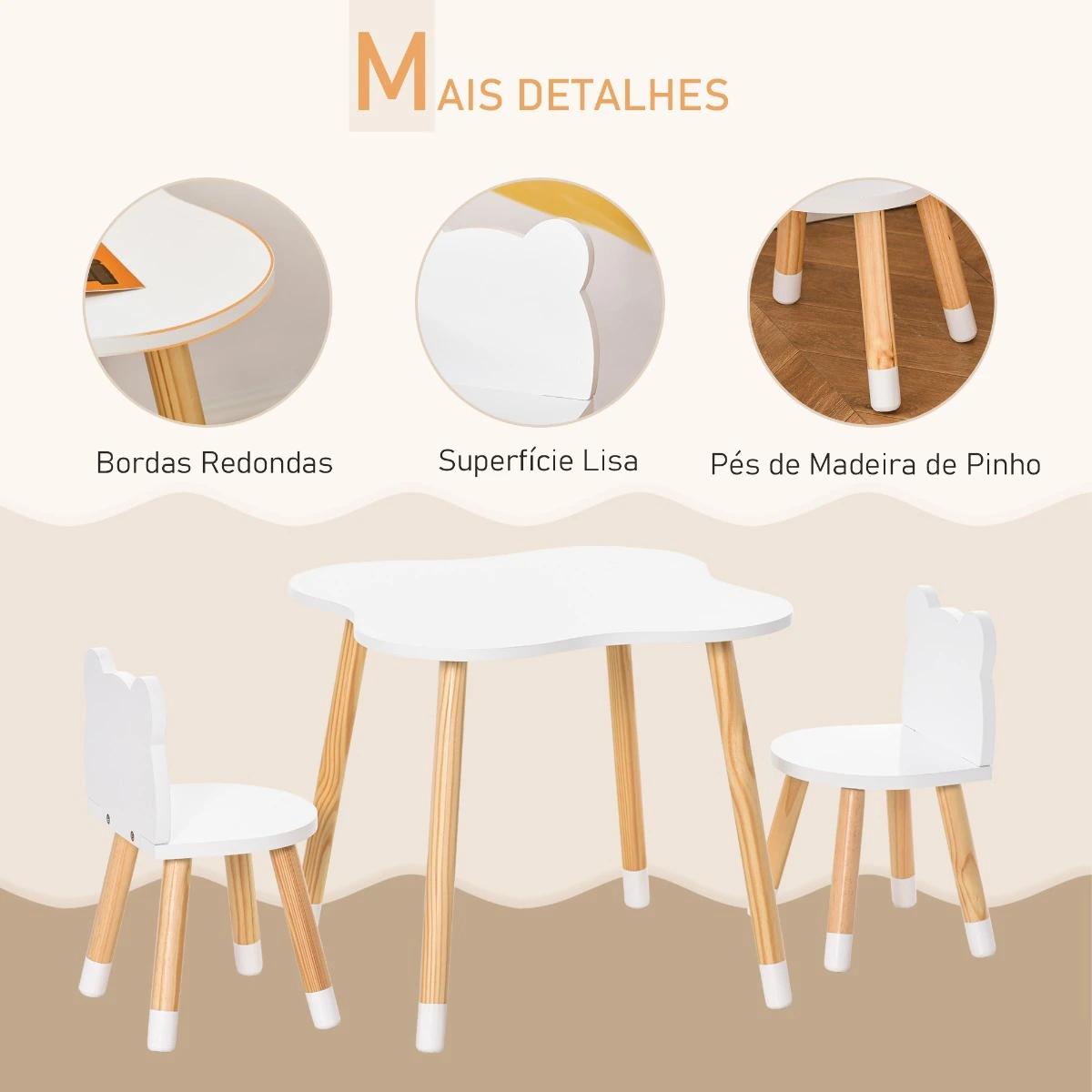 Conjunto infantil de mesa e 2 cadeiras de madeira móveis infantil para sala de jogos dormitório de crianças mesa 56x56x50cm e cadeira 28x25x46cm branco