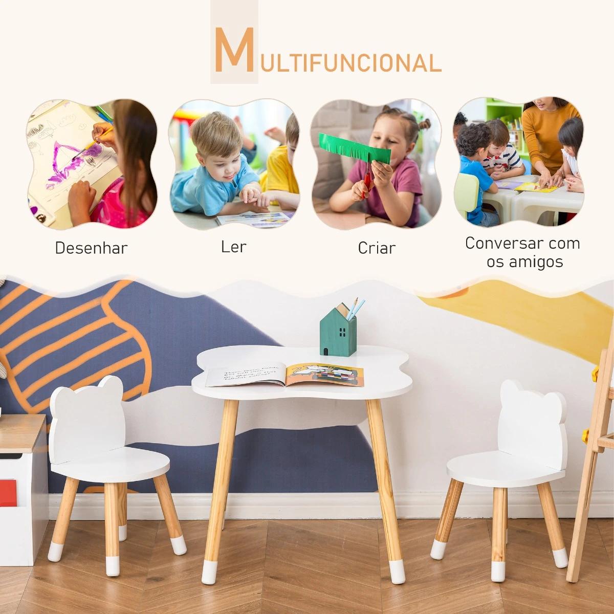 Conjunto infantil de mesa e 2 cadeiras de madeira móveis infantil para sala de jogos dormitório de crianças mesa 56x56x50cm e cadeira 28x25x46cm branco