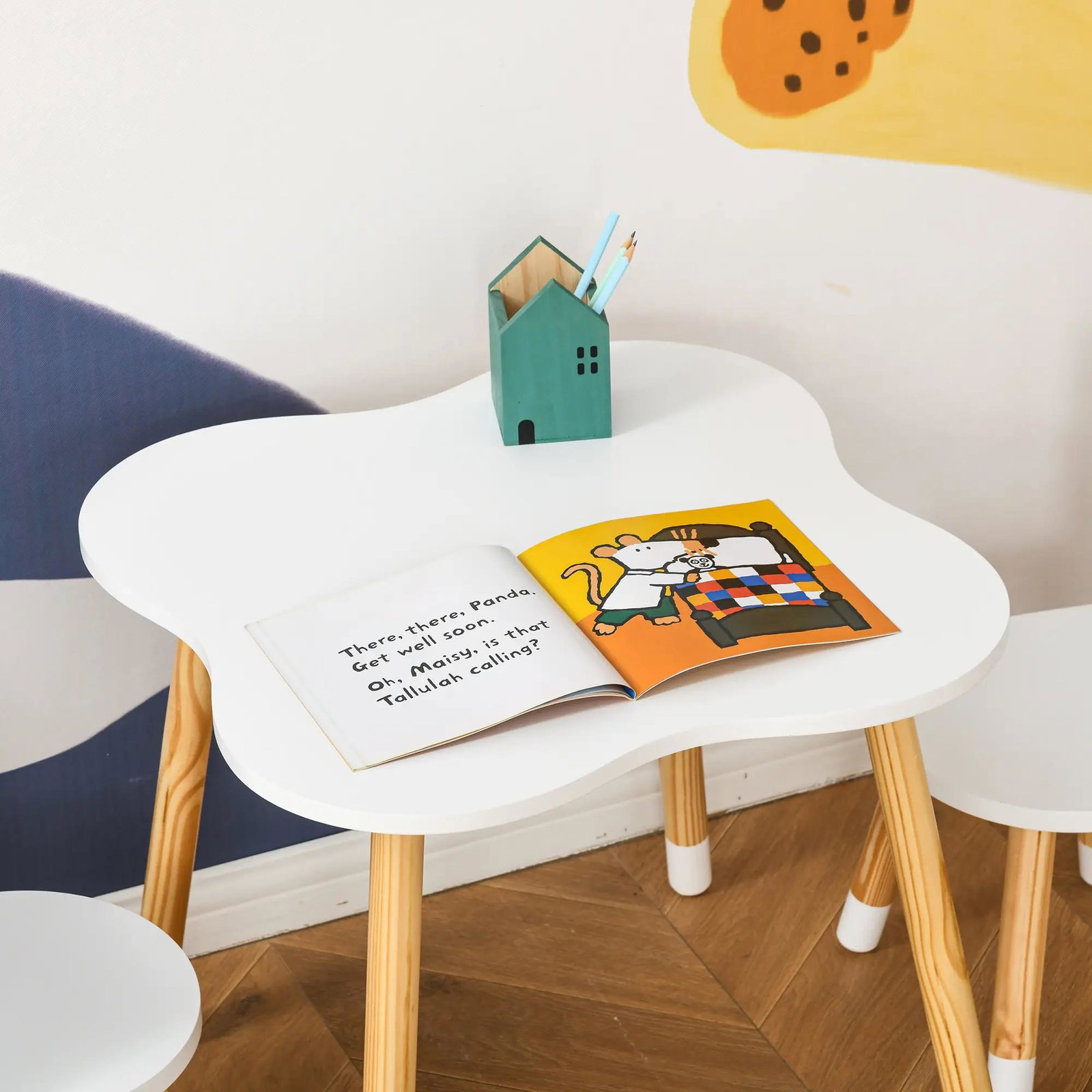 Conjunto infantil de mesa e 2 cadeiras de madeira móveis infantil para sala de jogos dormitório de crianças mesa 56x56x50cm e cadeira 28x25x46cm branco