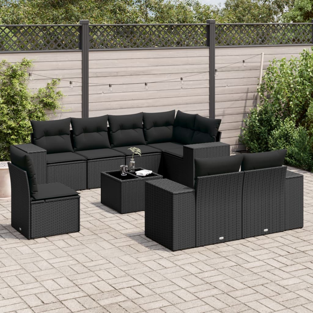 9 Pcs conjunto de sofás p/ jardim c/ almofadões vime PE preto