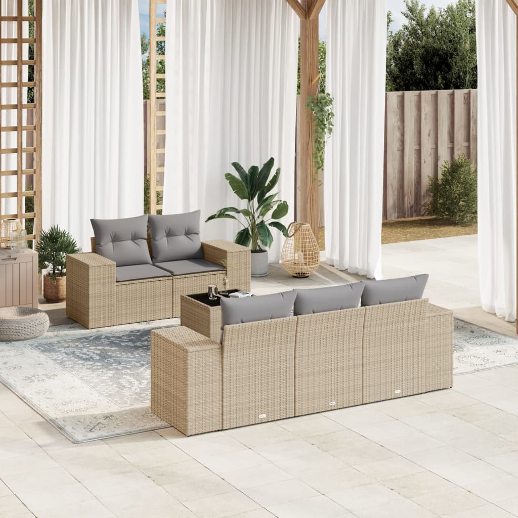 6 Pcs conjunto de sofás p/ jardim com almofadões vime PE bege