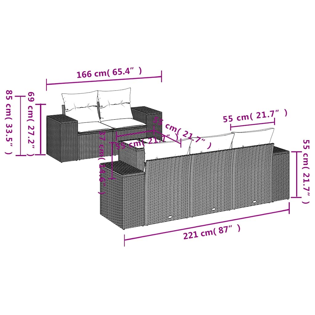 6 Pcs conjunto de sofás p/ jardim com almofadões vime PE bege