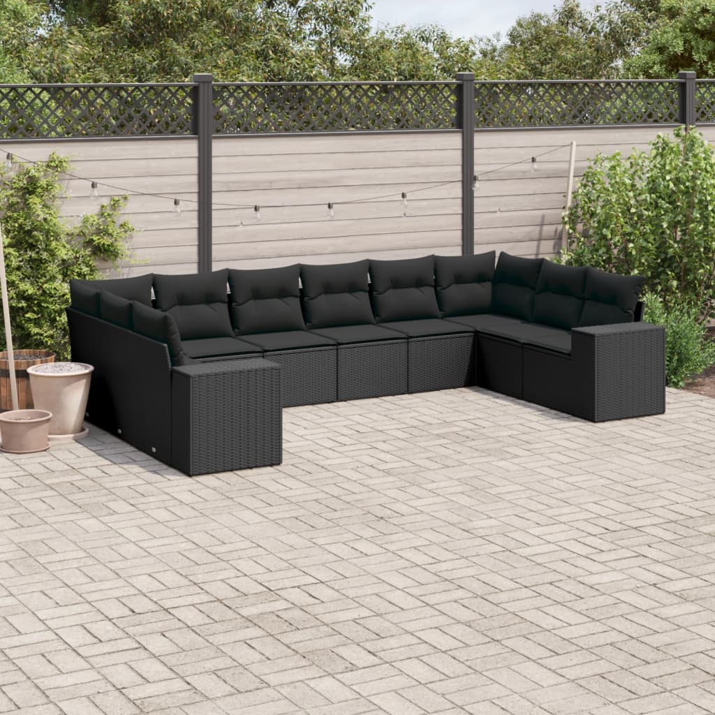 10 Pcs conjunto sofás de jardim c/ almofadões vime PE preto