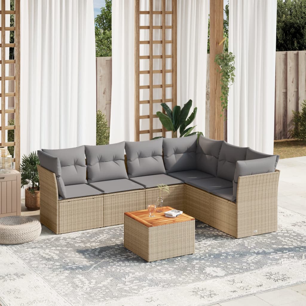 7 Pcs conjunto de sofás p/ jardim com almofadões vime PE bege