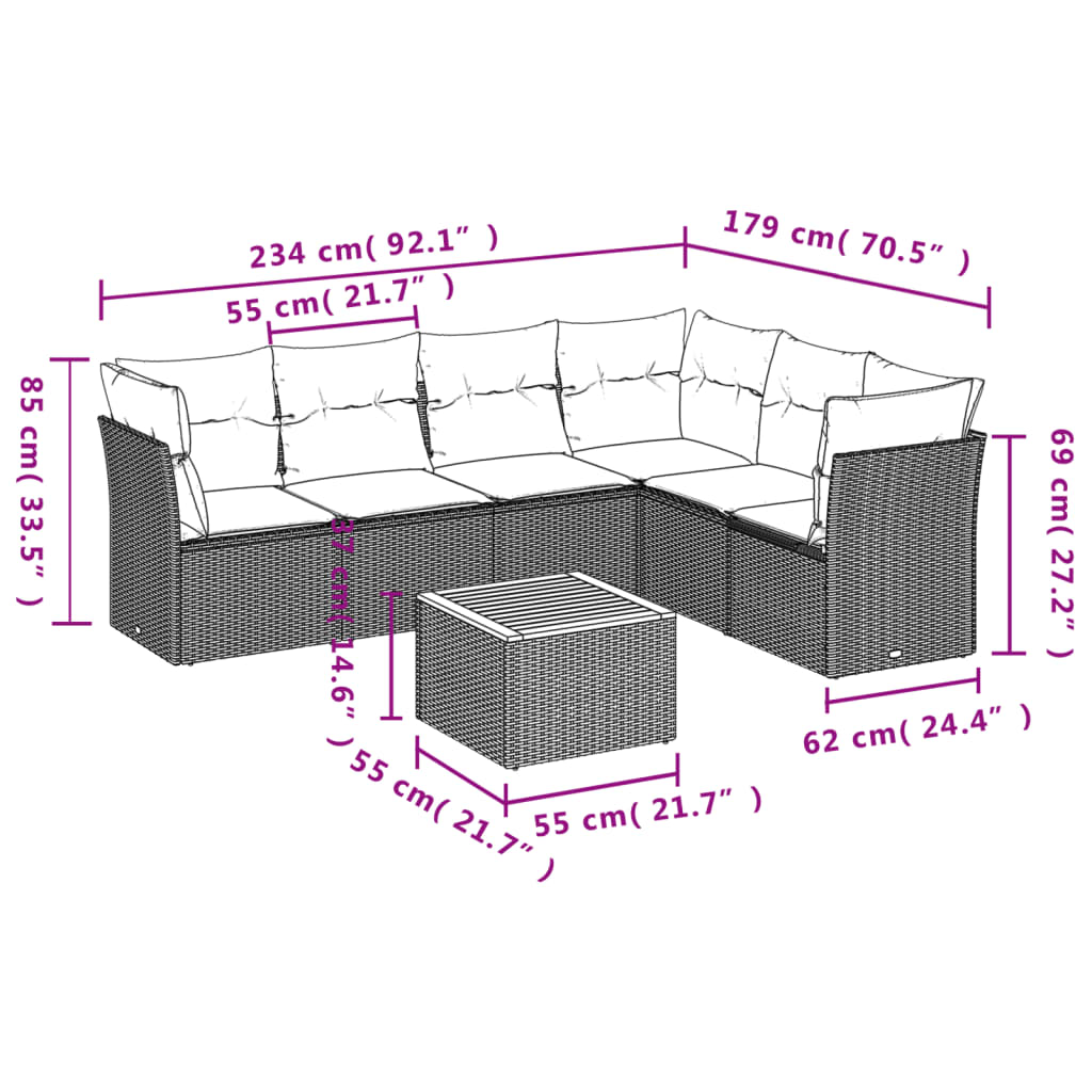 7 Pcs conjunto de sofás p/ jardim com almofadões vime PE bege