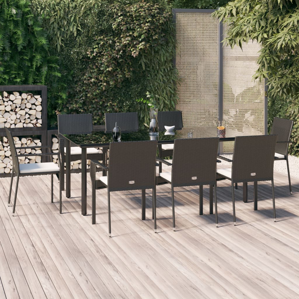9 Pcs conjunto de jantar p/ jardim c/ almofadões vime PE preto