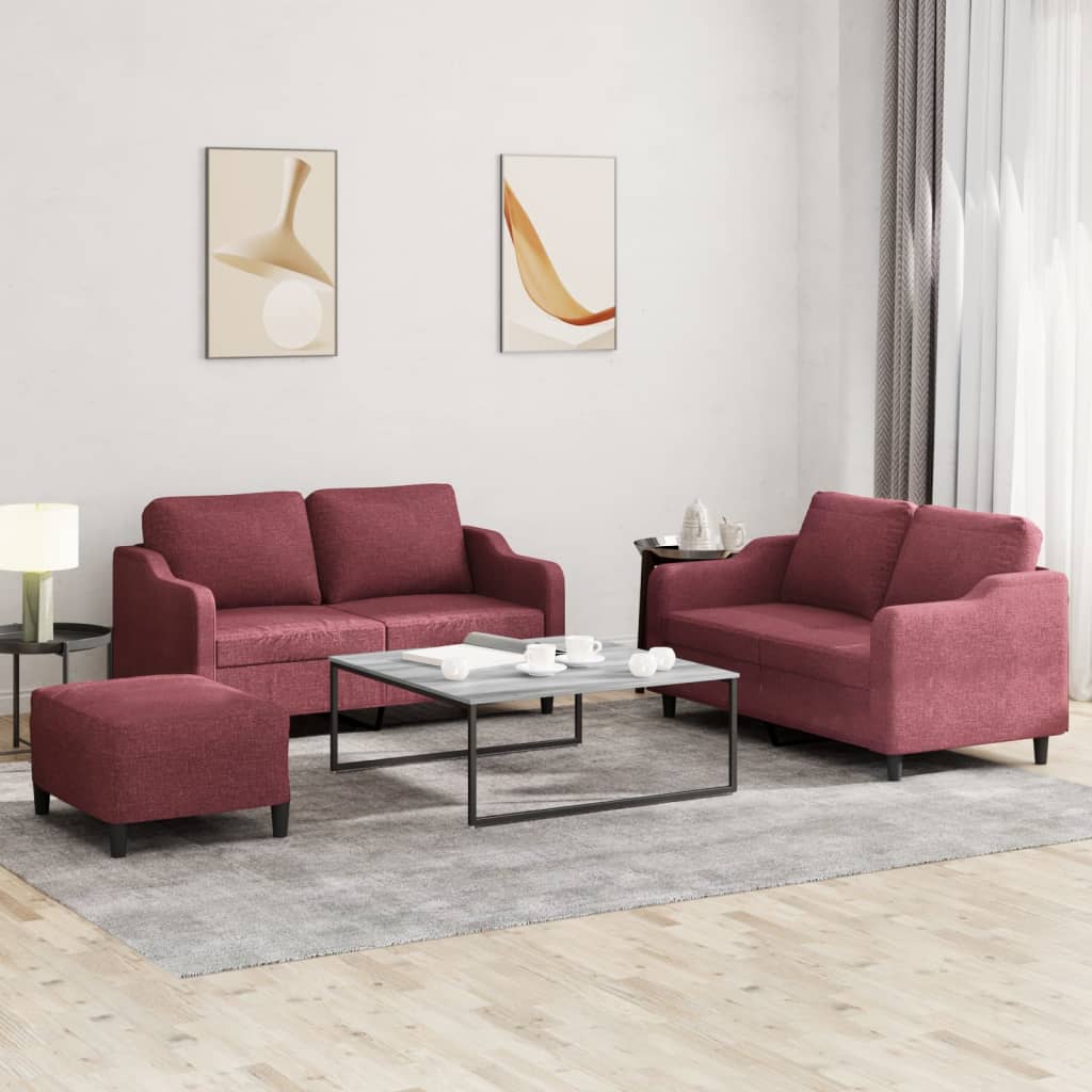 3 Pcs conjunto de sofás com almofadões tecido vermelho tinto