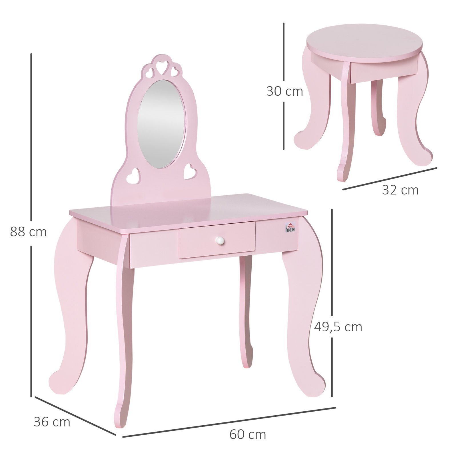 Toucador Infantil com Banco e Espelho Estilo Princesa Mesa de Maquilhagem Infantil com Gaveta 60x36x88cm Rosa