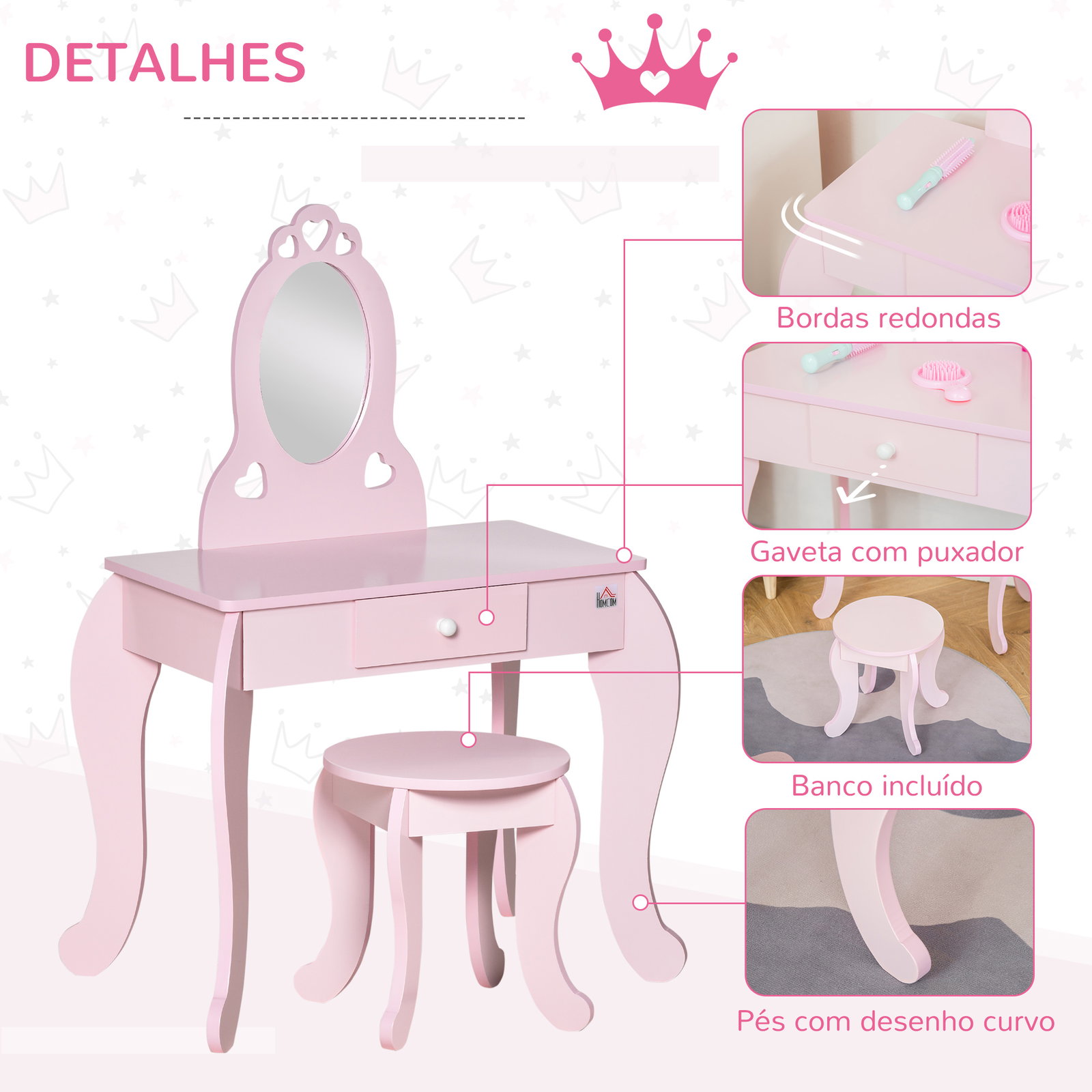 Toucador Infantil com Banco e Espelho Estilo Princesa Mesa de Maquilhagem Infantil com Gaveta 60x36x88cm Rosa