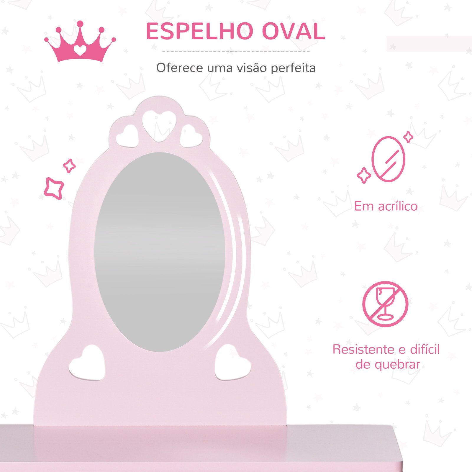 Toucador Infantil com Banco e Espelho Estilo Princesa Mesa de Maquilhagem Infantil com Gaveta 60x36x88cm Rosa