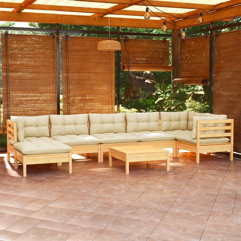 8 Pcs conjunto lounge jardim c/ almofadões creme pinho maciço