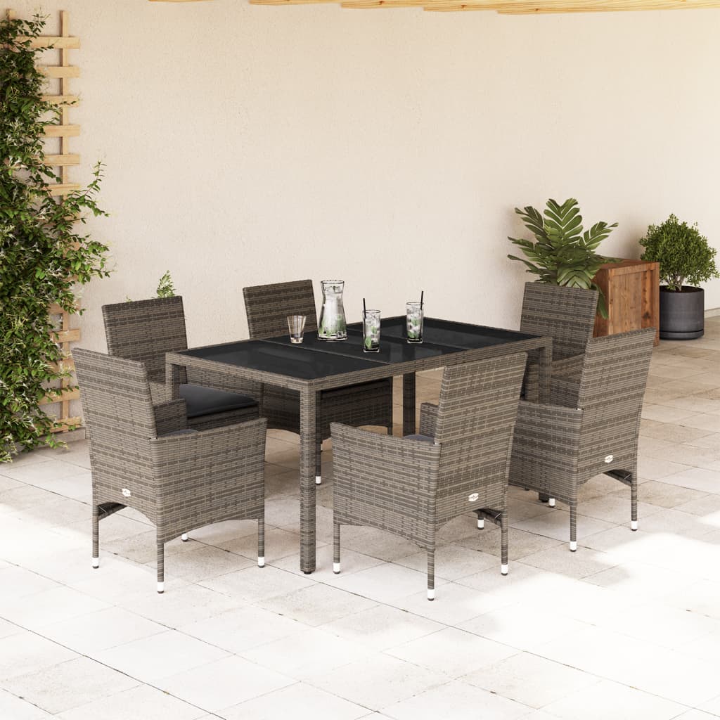 7 Pcs conjunto jantar jardim c/ almofadões vime PE/vidro cinza
