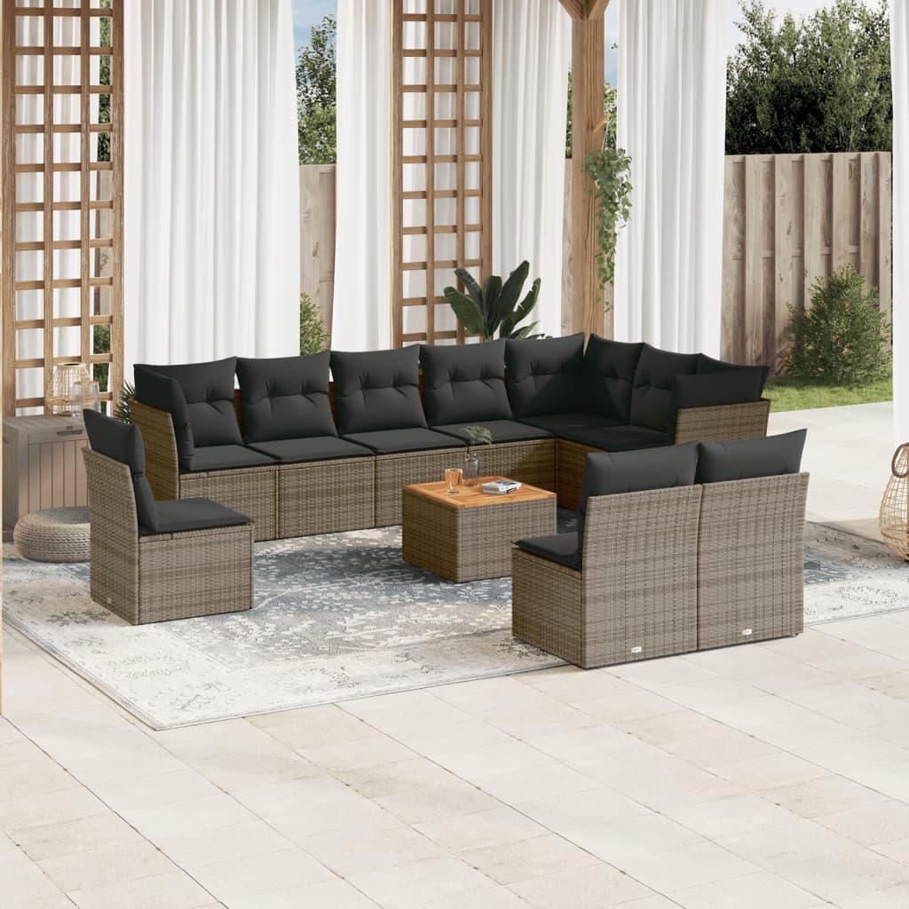 11 Pcs conjunto sofás de jardim c/ almofadões vime PE cinzento