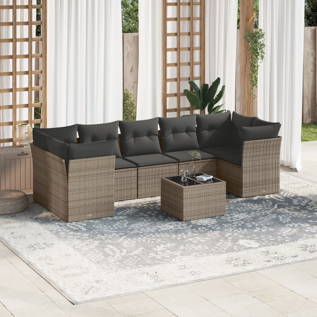 8 Pcs conjunto sofás de jardim c/ almofadões vime PE cinzento