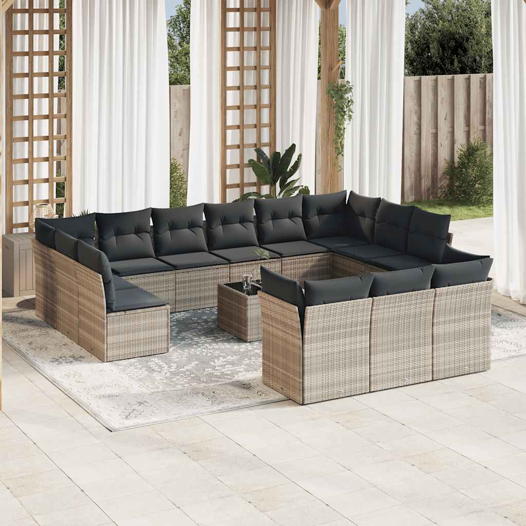 14 Pcs conj. sofás jardim com almofadões vime PE cinzento-claro