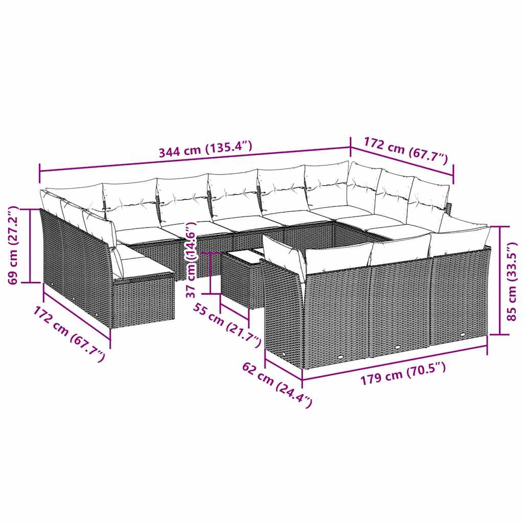 14 Pcs conj. sofás jardim com almofadões vime PE cinzento-claro