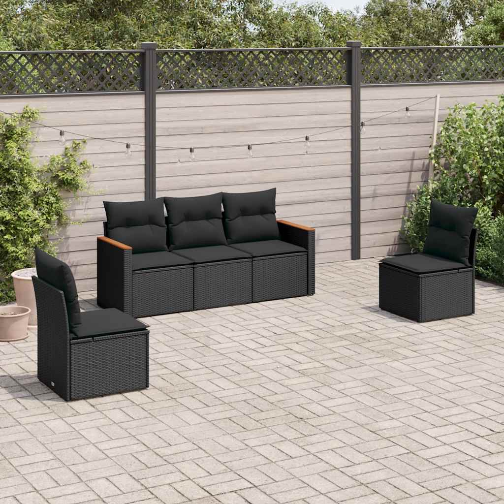 5 Pcs conjunto sofás de jardim com almofadões vime PE preto