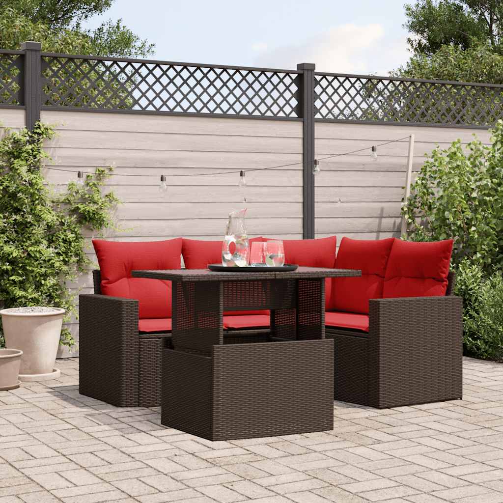 Conjunto de sofá de jardim de 5 peças com almofadas em rattan sintético marrom