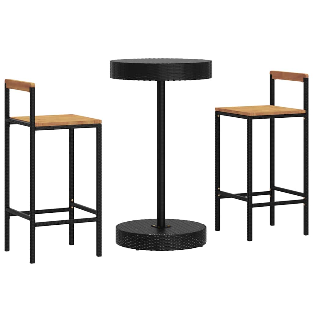 3 Pcs conjunto de bar p/ jardim vime PE/acácia maciça preto