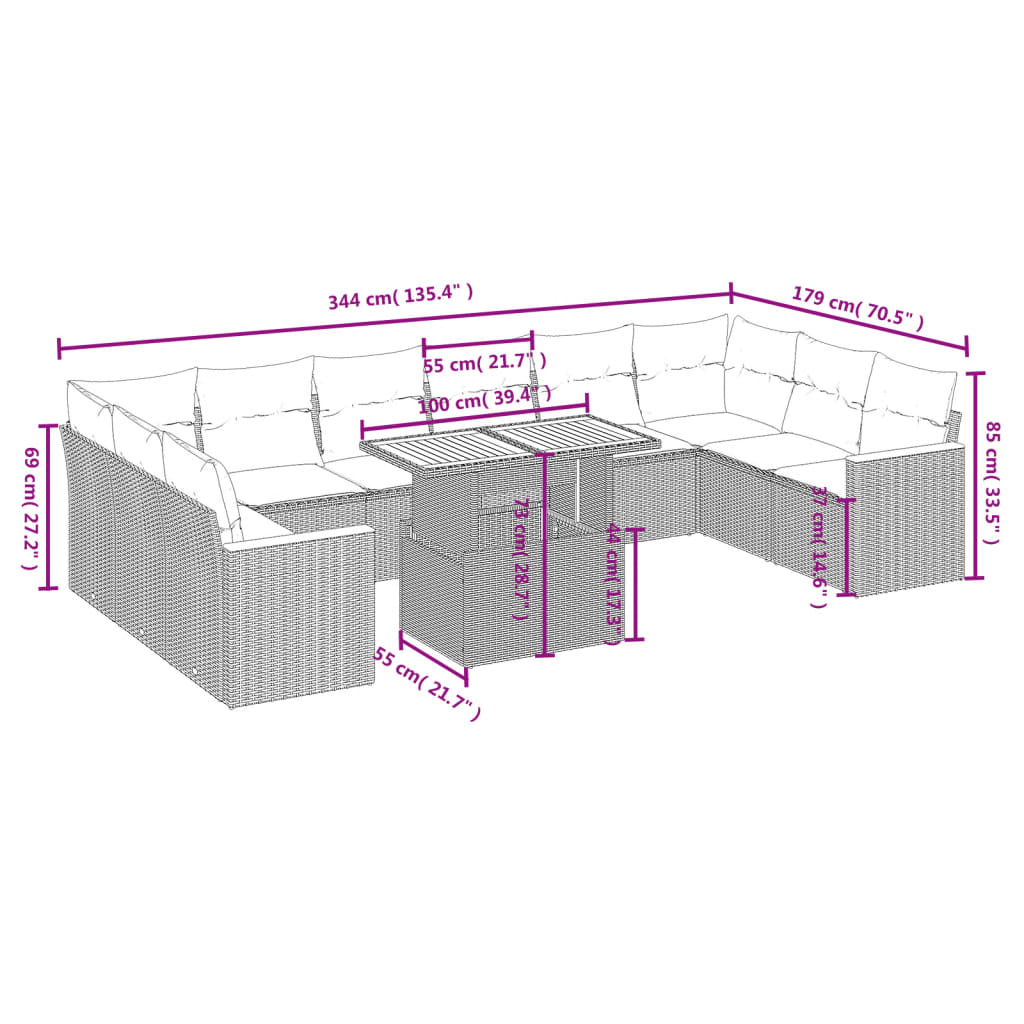 11 Pcs conjunto sofás de jardim c/ almofadões vime PE bege