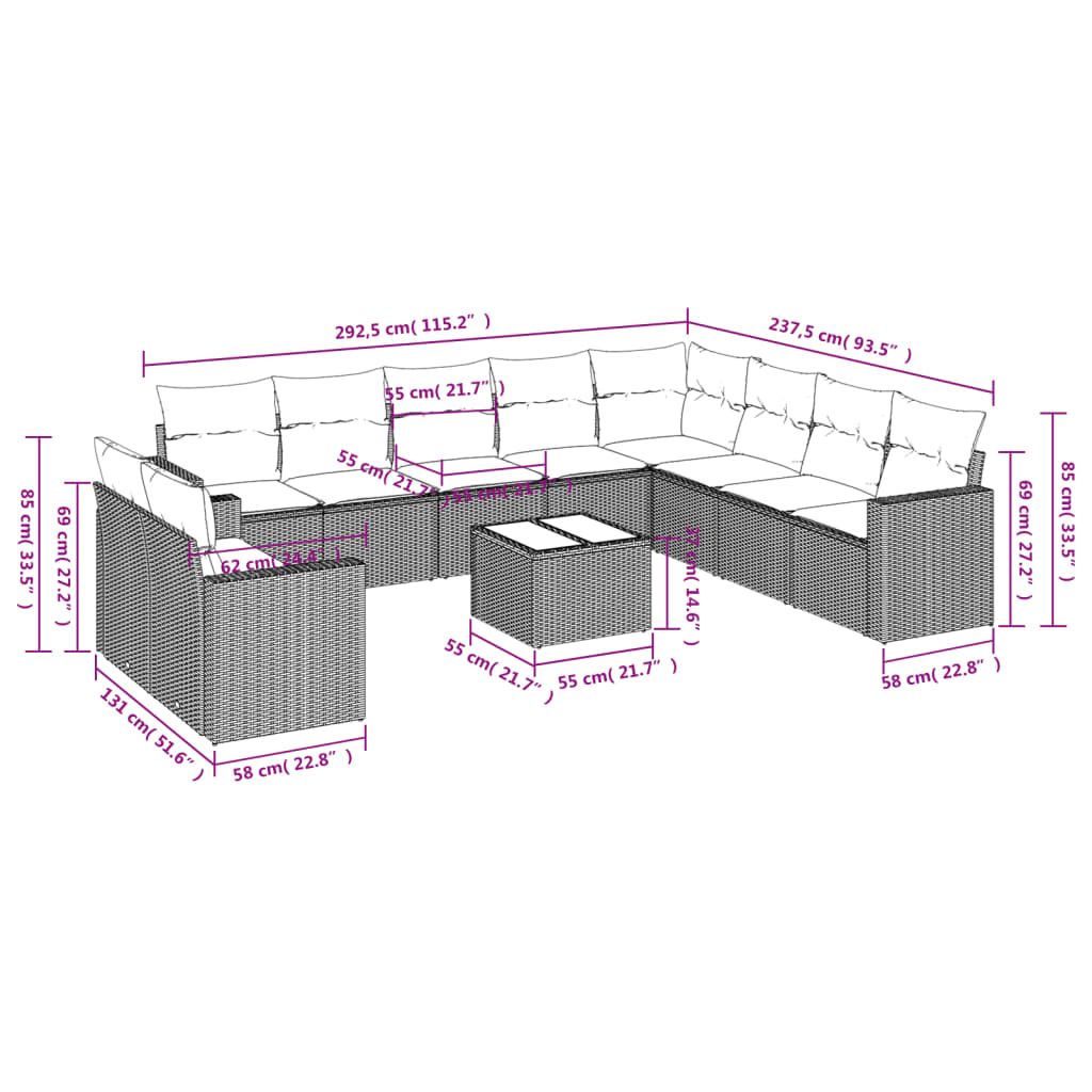 11 Pcs conjunto sofás de jardim c/ almofadões vime PE bege