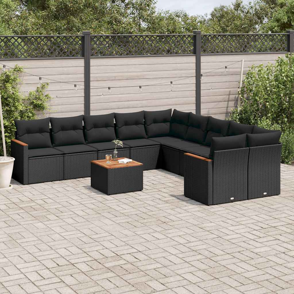 11 Pcs conjunto sofás de jardim c/ almofadões vime PE preto