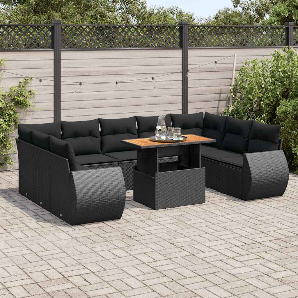 10 Pcs conjunto sofás de jardim c/ almofadões vime PE preto