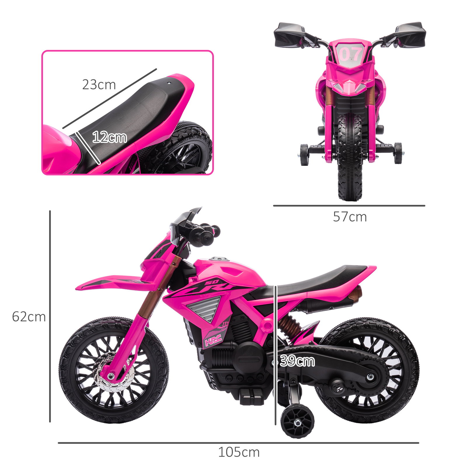 Mota elétrica para crianças moto a bateria para crianças 6v com rodas de treino e buzina 105x57x62 cm rosa