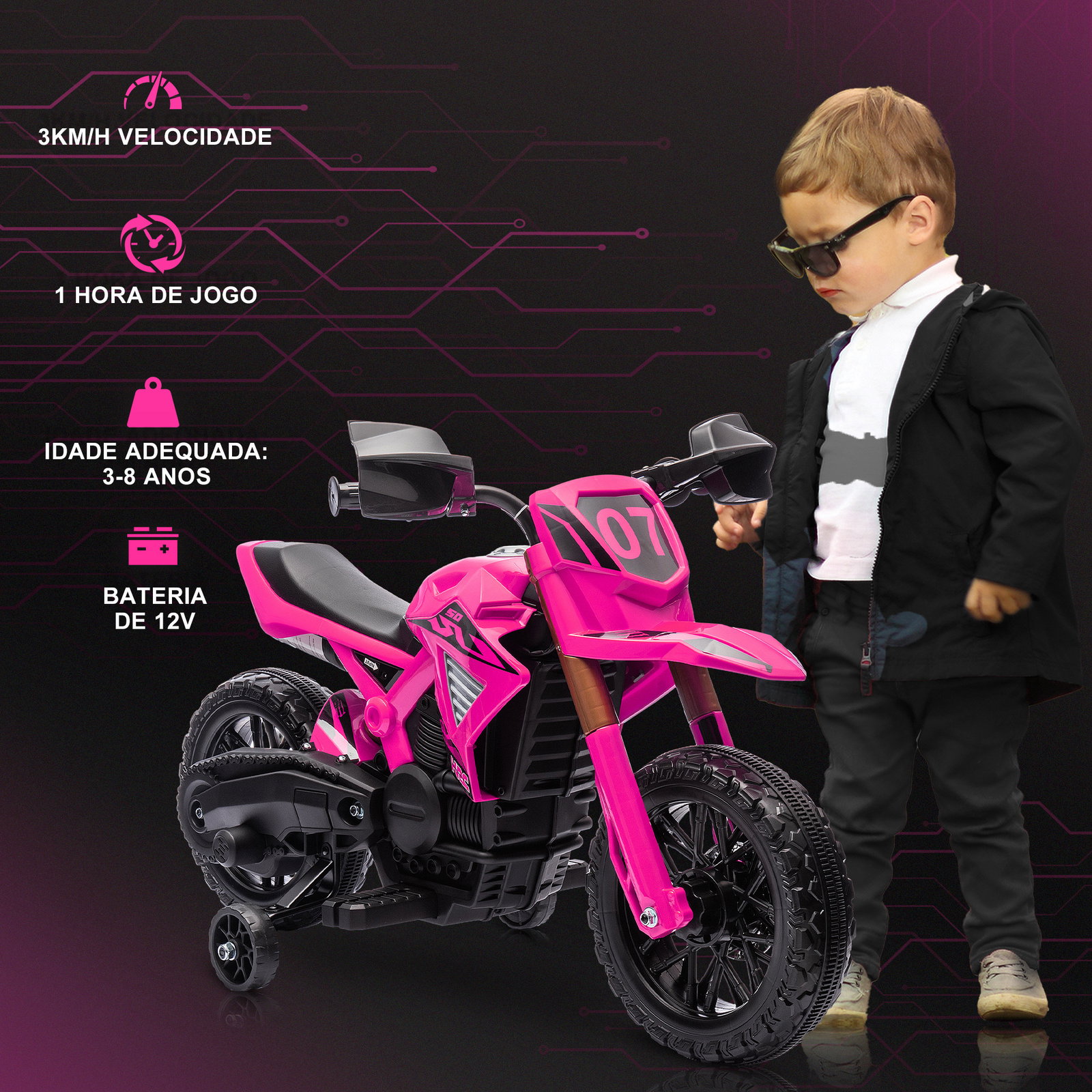 Mota elétrica para crianças moto a bateria para crianças 6v com rodas de treino e buzina 105x57x62 cm rosa