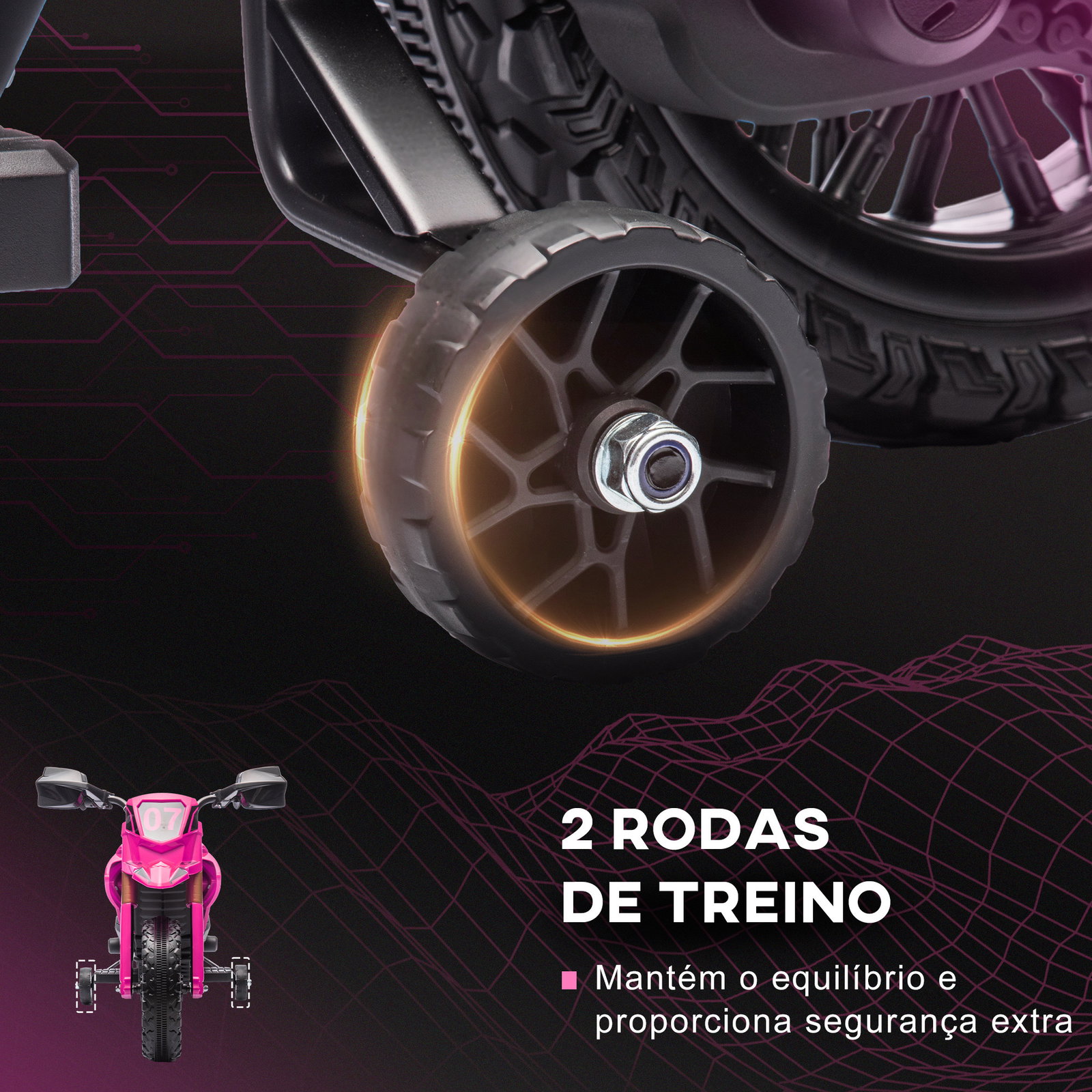 Mota elétrica para crianças moto a bateria para crianças 6v com rodas de treino e buzina 105x57x62 cm rosa