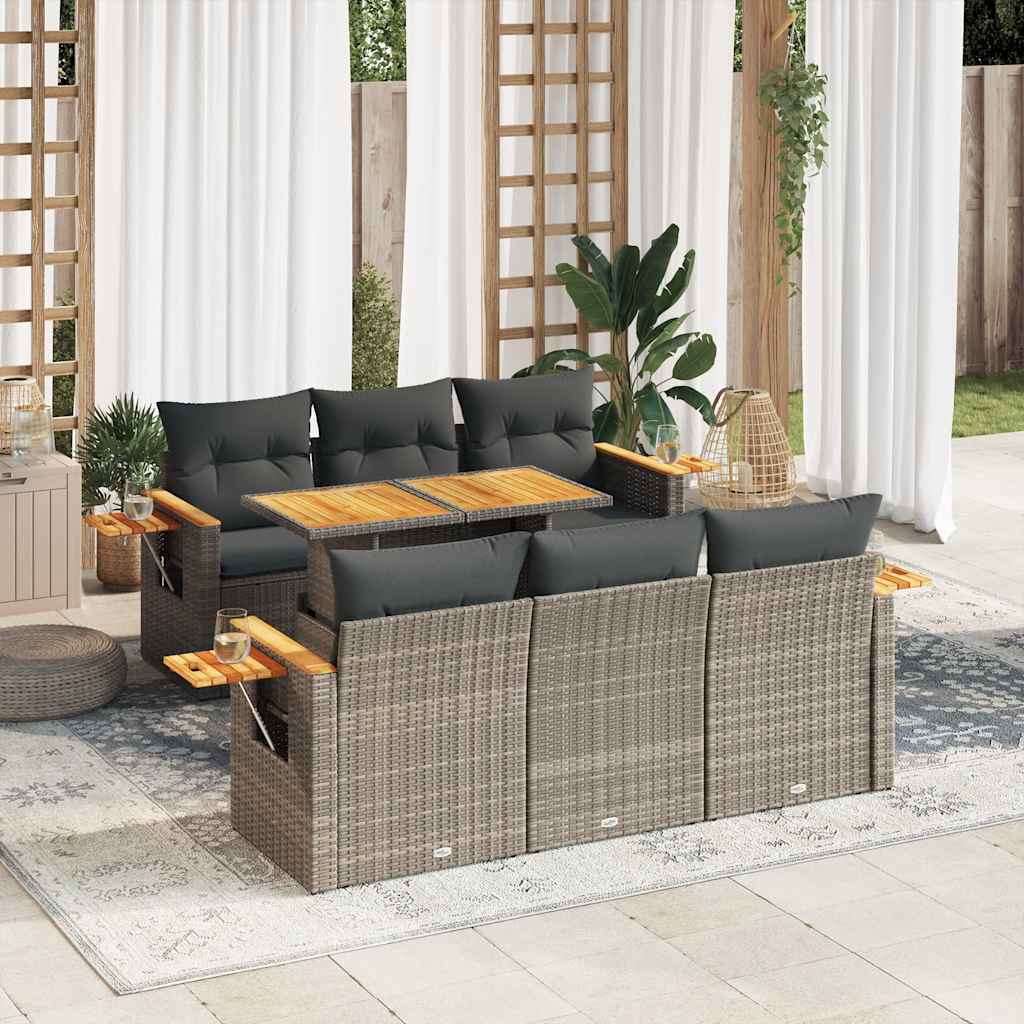 7 Pcs conjunto sofás jardim almofadões vime PE/acácia cinzento