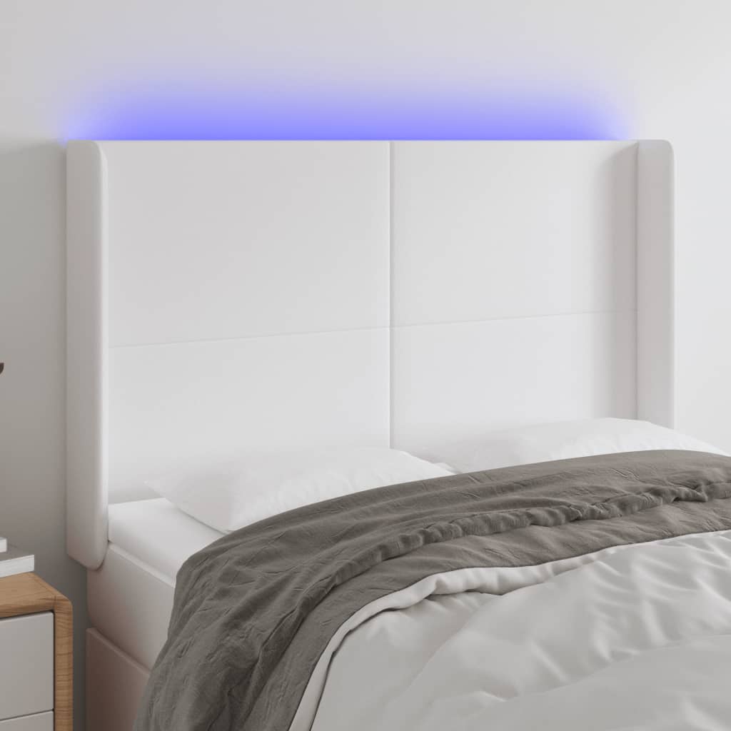 Cabeceira cama c/ LED couro artificial 147x16x118/128 cm branco
