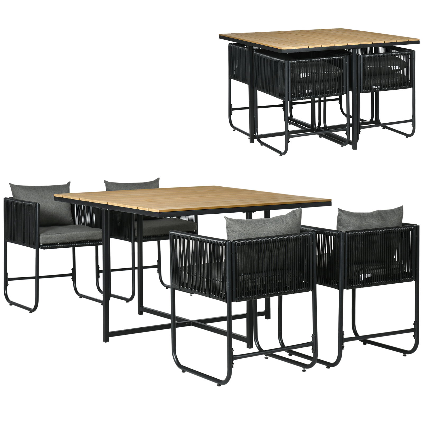 Conjunto de jardim de vime sintético 5 peças com mesa quadrada e 4 cadeiras almofadas preto e madeira