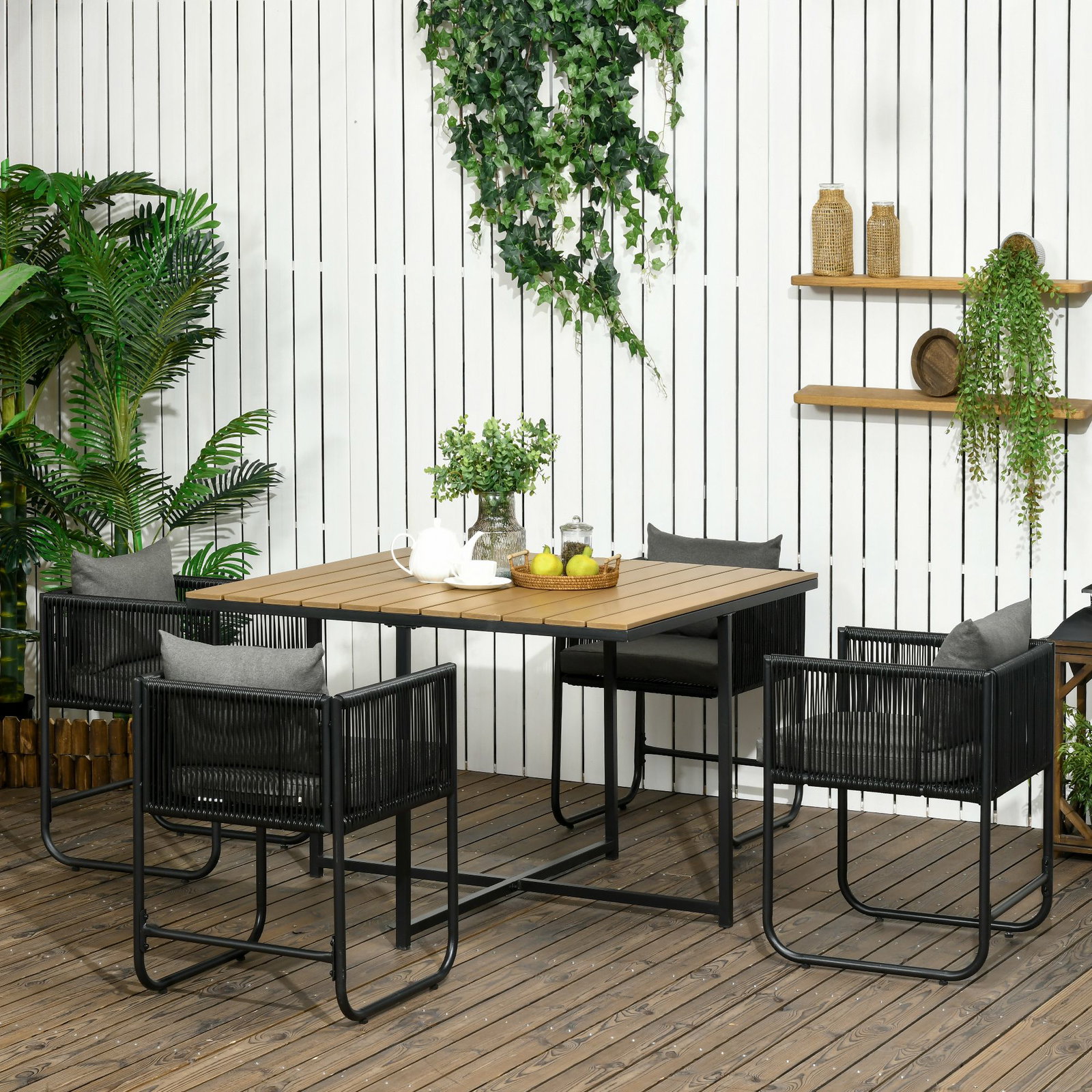 Conjunto de jardim de vime sintético 5 peças com mesa quadrada e 4 cadeiras almofadas preto e madeira
